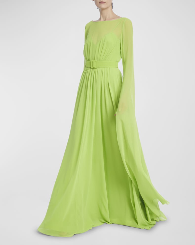 Badgley Mischka Collection Belted Cape-Sleeve Georgette Gown | Neiman Marcus