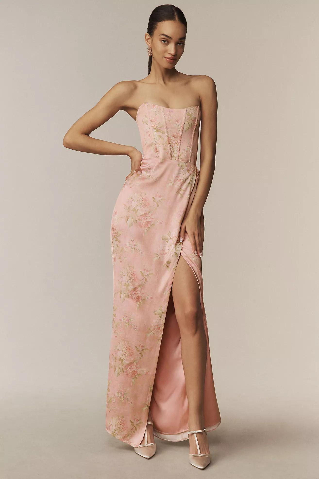 V. Chapman June Printed Corset Front-Slit Satin Gown | Anthropologie (US)