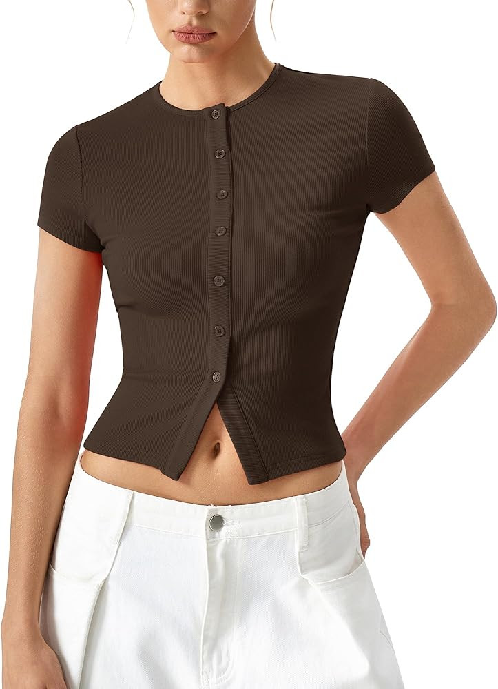 QINSEN Women's Crewneck Short Sleeve T Shirts Ribbed Button Going Out Trendy Tops | Amazon (US)