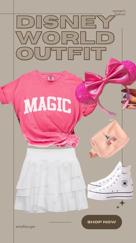 Disney World outfit for women

Disney Magic tshirt
Ruffle tennis skirt
Hot pink ears satin Minnie Mouse bow 
Disney castle embroidered belt bag
White platform converse 

#LTKfindsunder100 #LTKtravel #LTKstyletip