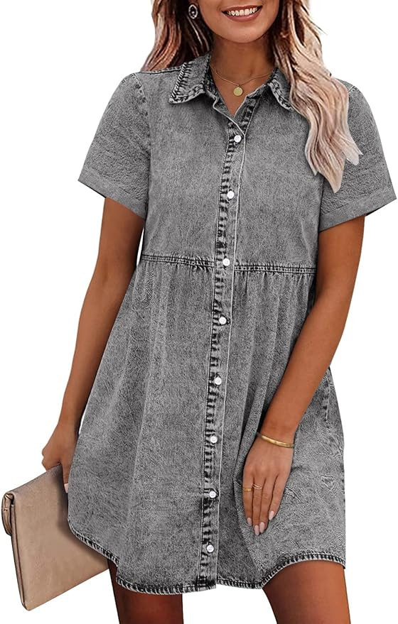 GRAPENT Denim Dress for Women Babydoll Tiered Short Sleeve Button Down Jean Shirt Dresses | Amazon (US)