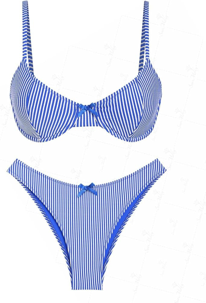 seamoly Contrast Color Red Gingham Spliced High Leg Cheeky Bikini Set | Amazon (US)