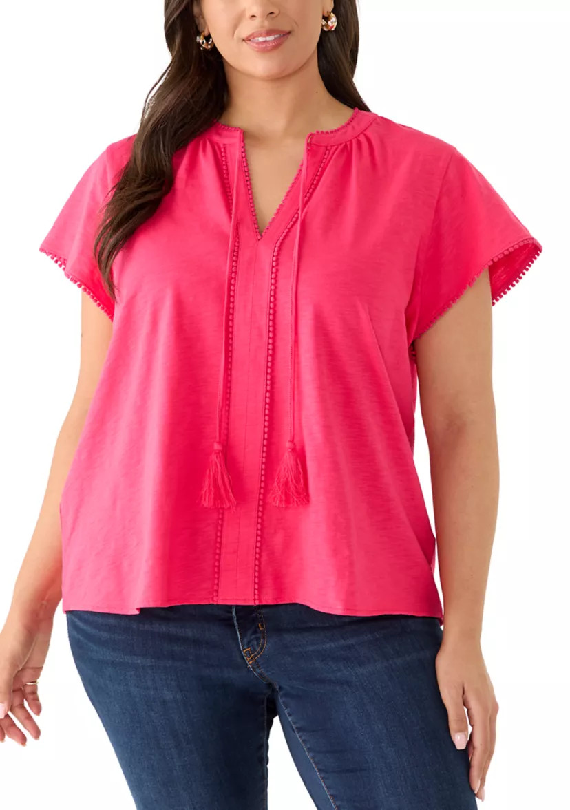 Plus Size Short Sleeve Trim Slub Peasant Top | Belk