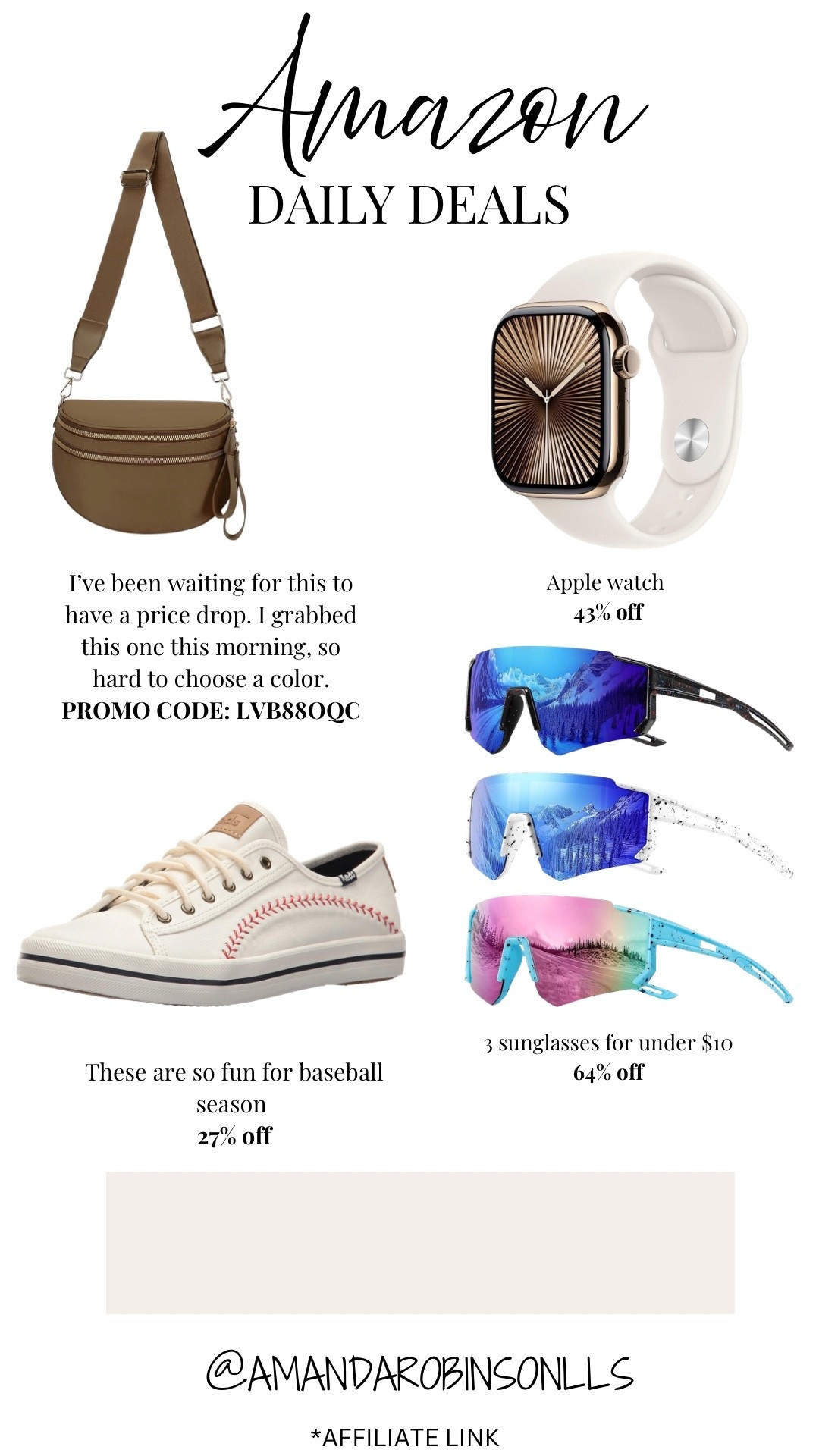 Amazon daily deals
Women’s bum bag
Apple Watch 
Baseball keds
Baseball sunglasses 

#LTKSaleAlert #LTKKids