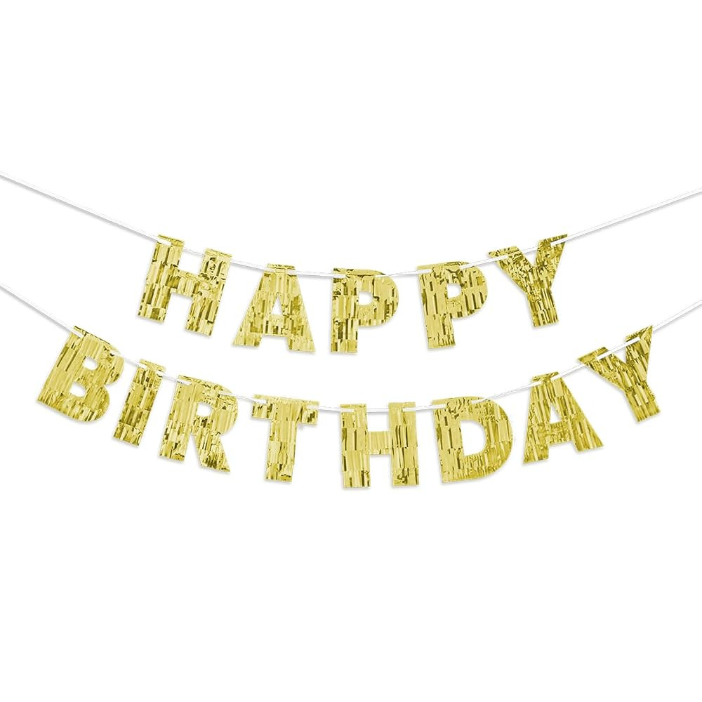 Pre-Strung Gold Happy Birthday Banner – 9 FT No DIY Glitter Foil Party Garland for Men, Women, ... | Amazon (US)