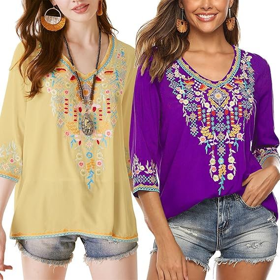 LauraKlein Women's Boho Embroidered Peasant Tops 3/4 Sleeve V Neck Mexican Bohemian Shirts Tunics... | Amazon (US)