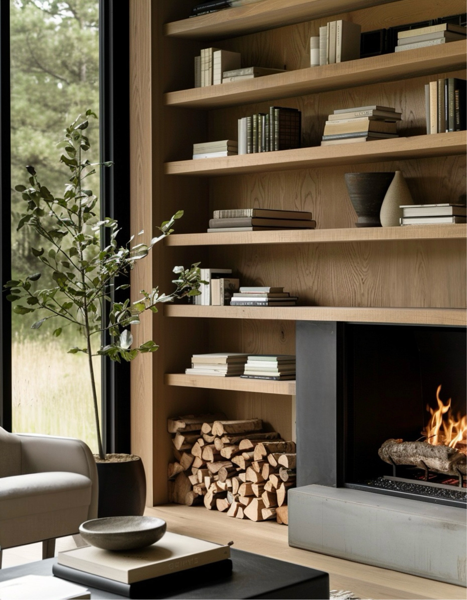 Modern mountain living room inspiration ⛰️ |modern rustic, organic modern, rustic modern, fireplace, coffee table, wood shelves, built in, faux tree, ai design, shelf decor|

#LTKSeasonal #LTKHome
