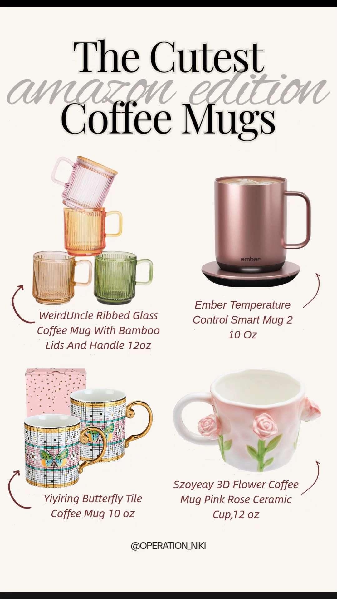 Romanticizing your morning coffee ritual is the absolute best way to start your daily routine with peaceful, cozy energy. When your kitchen setup is filled with pieces that bring you joy, taking that first sip becomes an entirely beautiful and satisfying experience. ✨
This adorable collection is perfect for adding an aesthetic touch to your beverage lineup. From the colorful WeirdUncle ribbed glass mugs and the high-tech Ember temperature control smart mug to the ornate Yiyiring butterfly tile cup and the stunning Szoyeay 3D pink rose ceramic mug, these finds completely elevate your morning counter setup.
Shop this entire cute mug lineup linked below! 🛍️
Follow for more @OPERATION_NIKI on IG, TikTok, & Facebook 

 #AmazonFinds #CoffeeMugs #AestheticKitchen #OperationNiki #MorningRoutine #CoffeeLovers #AmazonHome #KitchenDecor #CozyVibes #ShoppingHaul #LTKfoodie #LTKHome