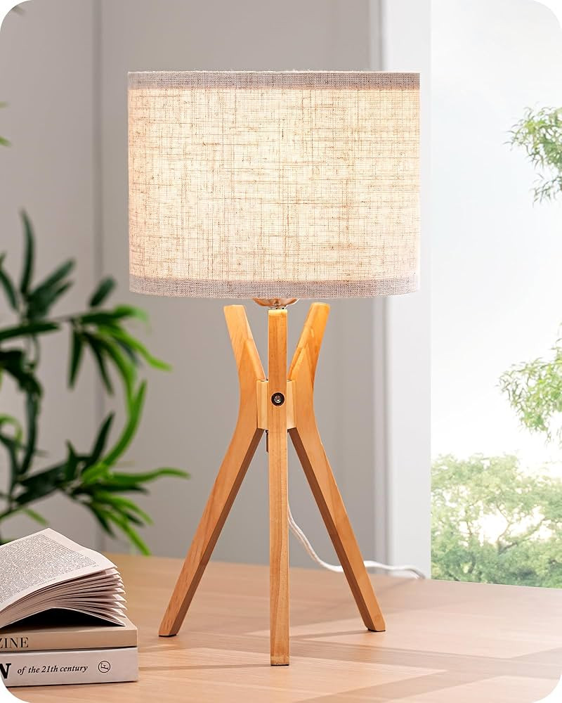 EDISHINE Tripod Table Lamp, 17.5" Modern Bedside Lamp with Natural Wood-Colored Lamp Legs & Beige... | Amazon (US)