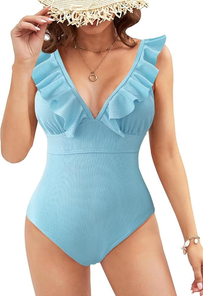 SPORLIKE Women One Piece Swimsuit V-Neck Ruffle Bathing Suit Padded Monokini | Amazon (US)