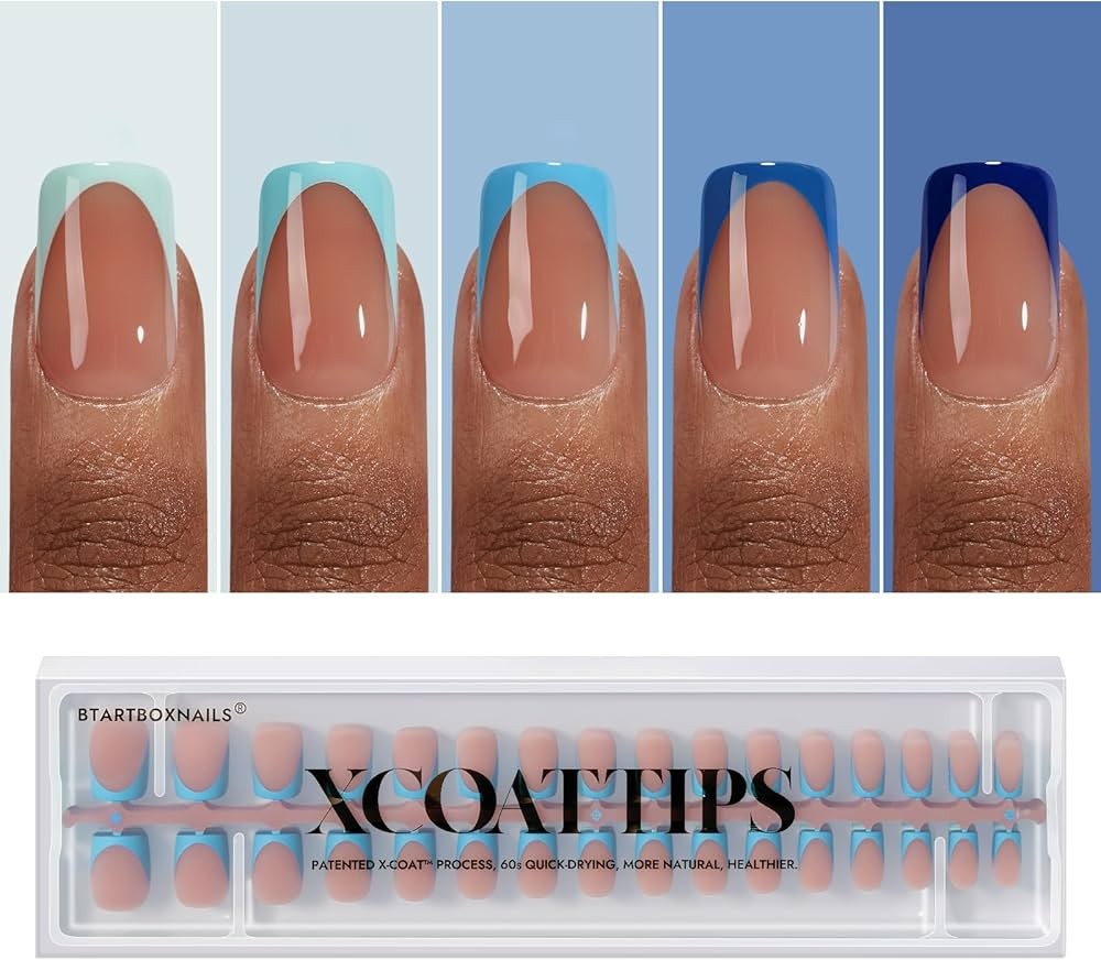 BTArtboxnails XCOATTIPS French Tip Press On Nails - Blue Press On Nails Short, Square Fake Nail T... | Amazon (US)