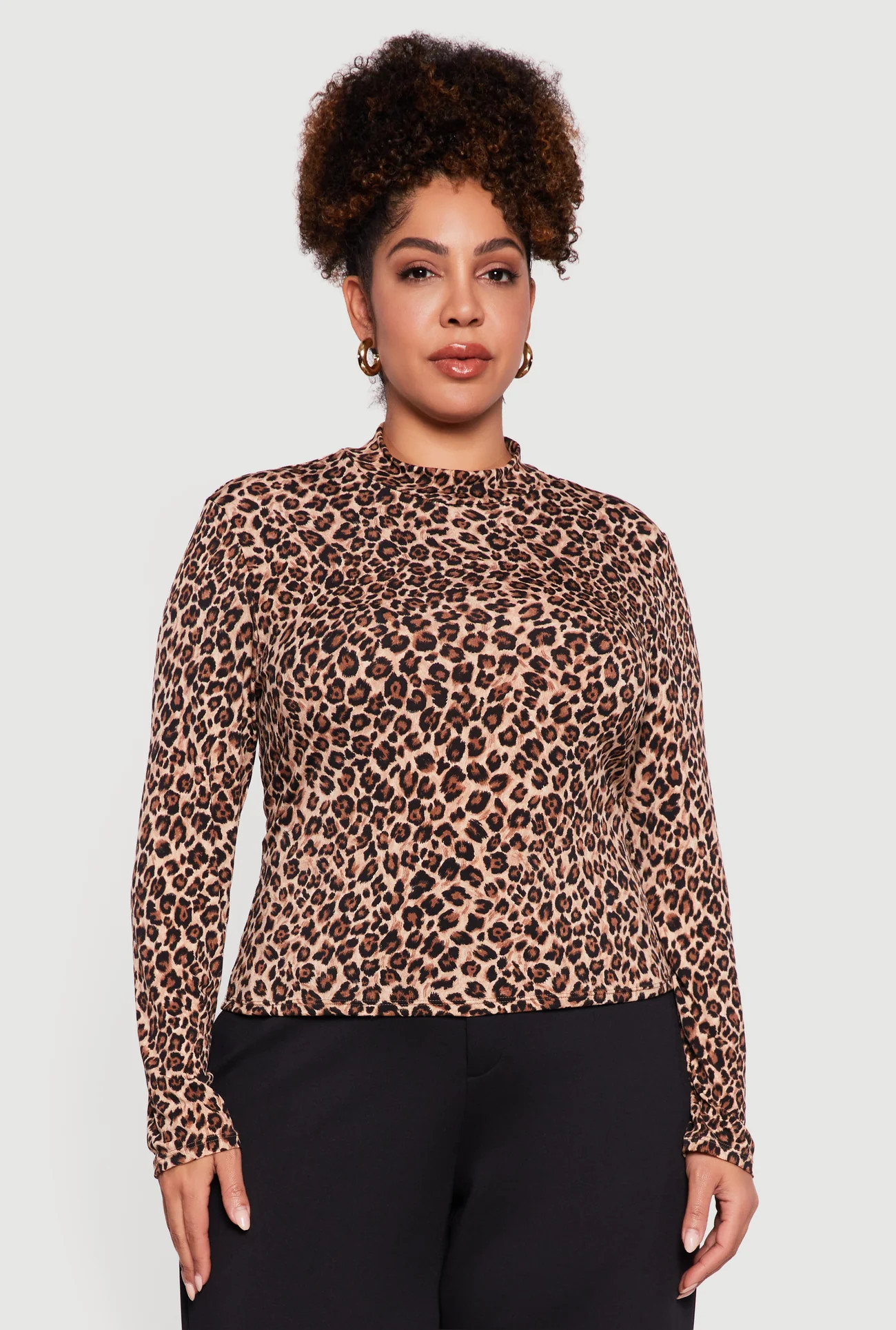 Plus Size Leopard Print Long Sleeve Mock Neck Blouse | Rainbow Shops