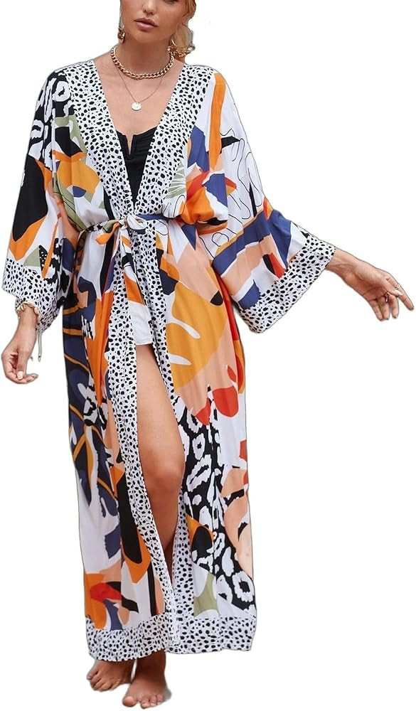 Women\u2019s Kimono Cover Up Long Beach Dress Swimsuit Cover Ups Colorful Cardigan Lightweight Ro... | Amazon (US)