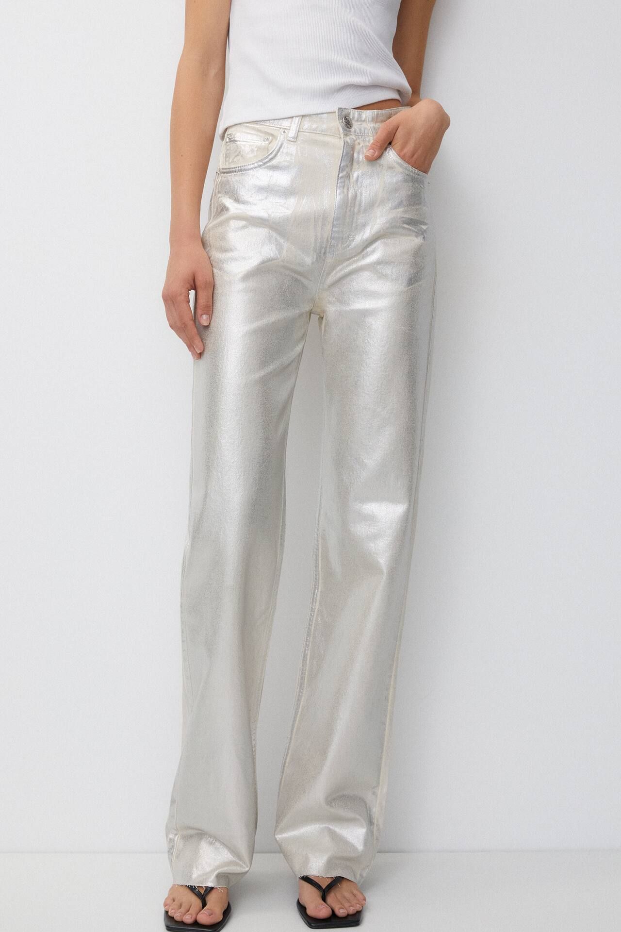 High-waist straight-leg silver jeans | PULL and BEAR UK
