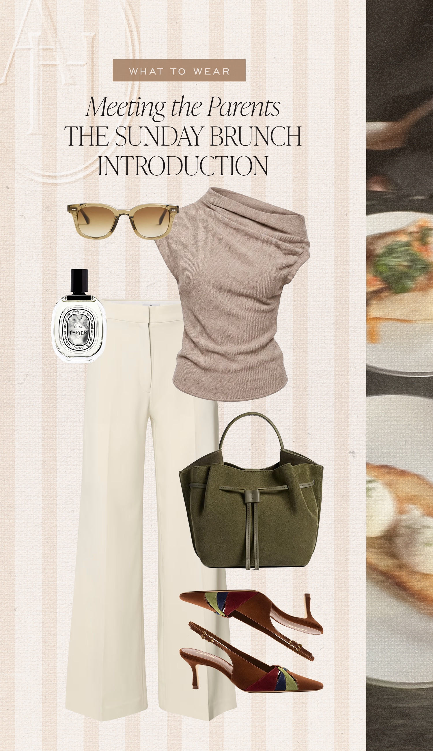 Off the shoulder sweater with cream trousers, a green suede bag and multicolor pumps for a brunch outfit.  

 #LTKootd