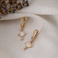 14K 18K Solid Gold Hoop Cubic Opal Earrings, Dainty Dangling Stones, Delicate Cube Shape White Opal, | Etsy (US)