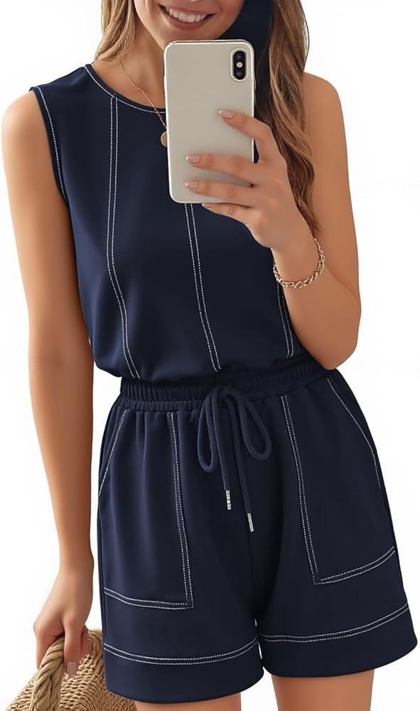 Theenkoln Womens Summer Sleeveless Rompers:Crewneck Adjustable Drawstring Waistband Beach Casual ... | Amazon (US)