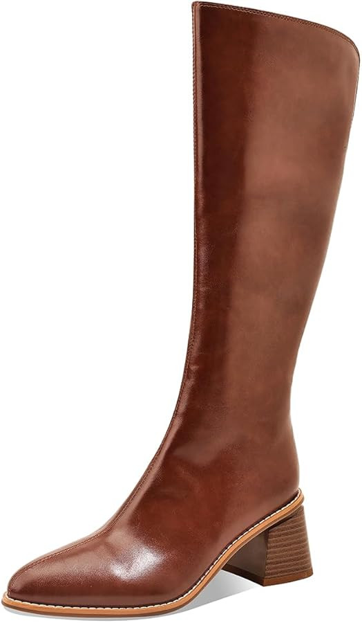 Knee High Boots Women Chunky Heel Wide Calf Pointed Toe Mid Heel Tall Long Boot for Women Girls L... | Amazon (US)