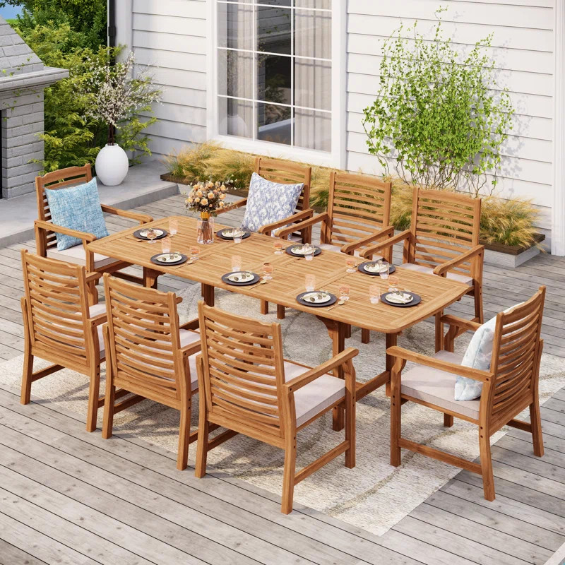 Susa 8 - Person Acacia Wood Patio Dining Set with Extendable Rectangular Table , Cushions Include... | Wayfair North America