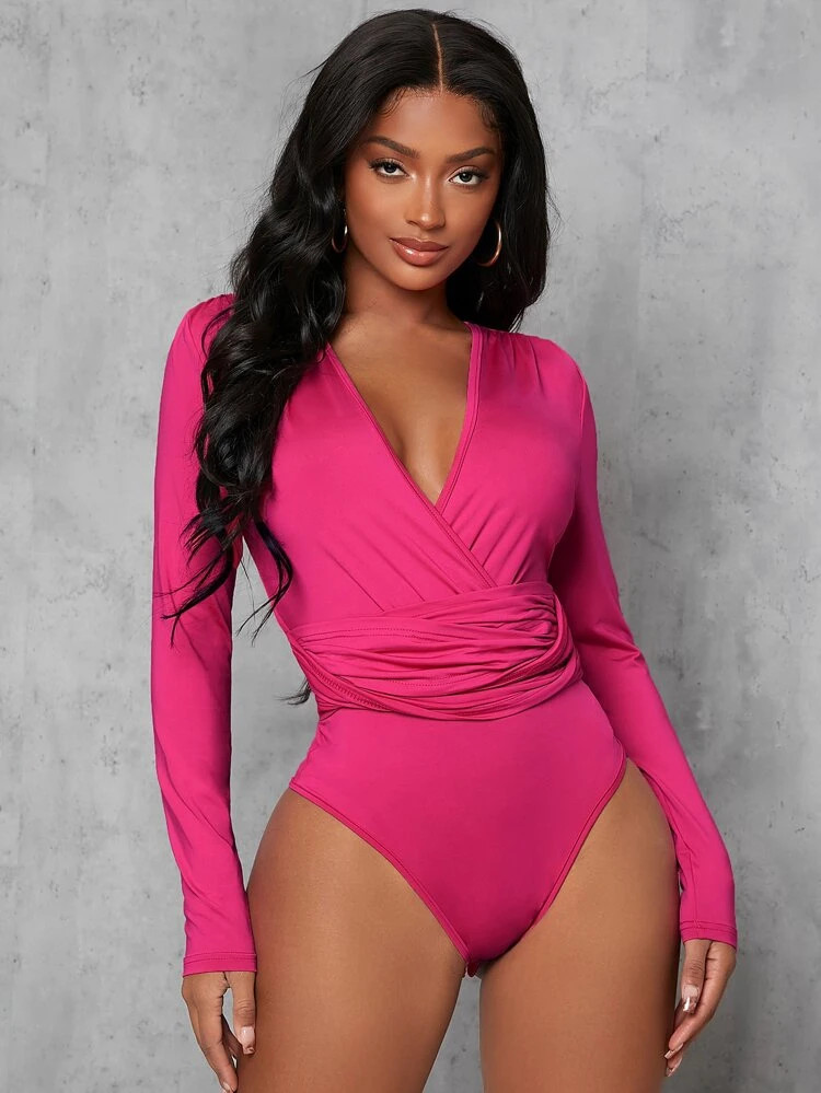 SHEIN SXY Deep V Neck Solid Wrap Bodysuit | SHEIN