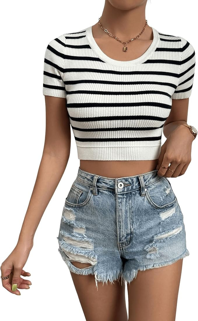 SweatyRocks Women's Striped Short Sleeve Round Neck Crop Top Stretchy Slim Fit Ribbed Knit Tee To... | Amazon (US)