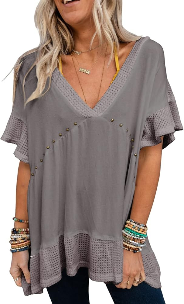 Dokotoo Womens Waffle Knit Tops V-Neck Ruffle Sleeve Blouse Stud Rivet Splicing Shirts | Amazon (US)