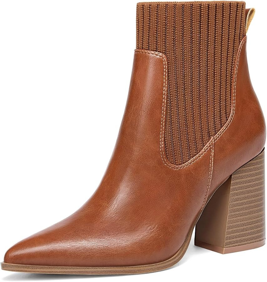 Coutgo Women Ankle Boots Sock Booties Pointed Toe Chunky Stacked High Heel Knit Chelsea Winter Dr... | Amazon (US)