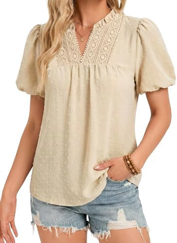 Funlingo Womens Boho Tops Summer Short Puff Sleeve V Neck Blouses Dressy Casual Flowy Swiss Dot L... | Amazon (US)