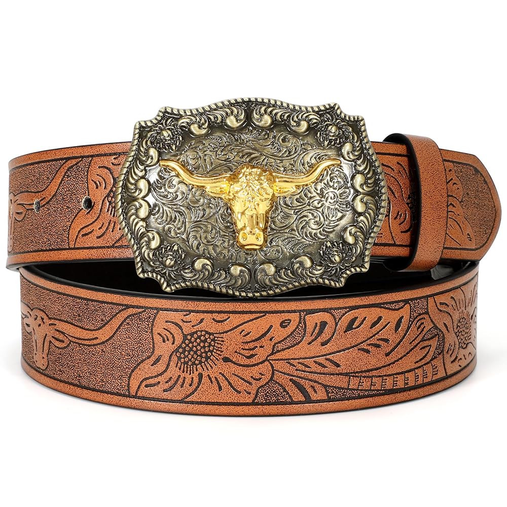 Women Men Western Belts Cowboy Cowgirl Country Belt Longhorn Bull Buckle Floral Embossed Belt for... | Amazon (US)