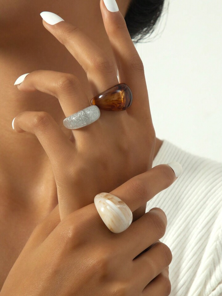 3pcs/Set Fashionable European & American Style Acrylic Geometric Design Closed Ring For Women's D... | SHEIN