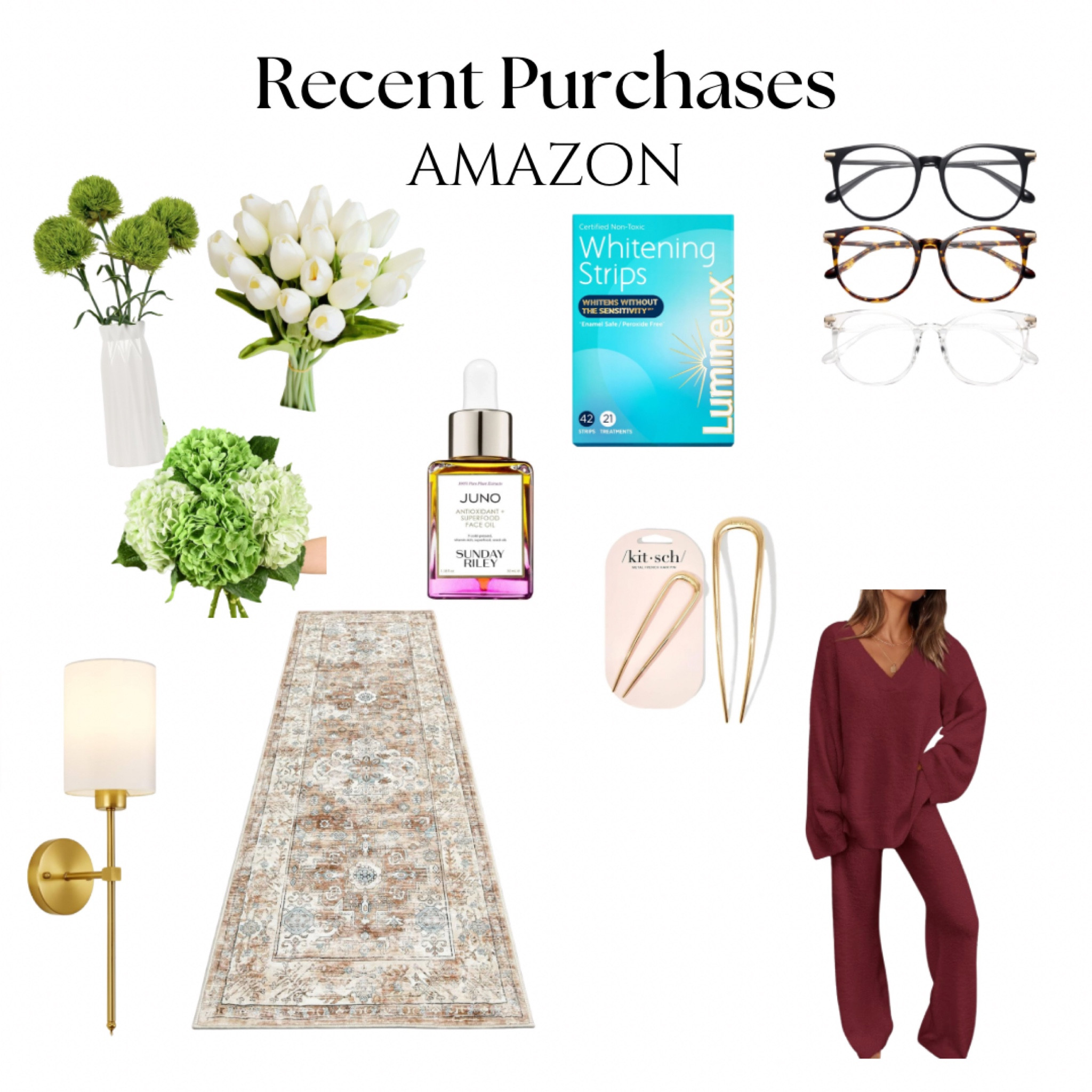 Some of my favorite Amazon purchases this month! I have a bad habit of buying fresh flowers so I wanted to find faux florals that looked good and I think I did it! 
These whitening strips are the best! My teeth are super sensitive and these don’t make them hurt. 
The matching set is the softest ever and they have so many colors! 

#LTKFindsUnder100 #LTKStyleTip #LTKSeasonal
