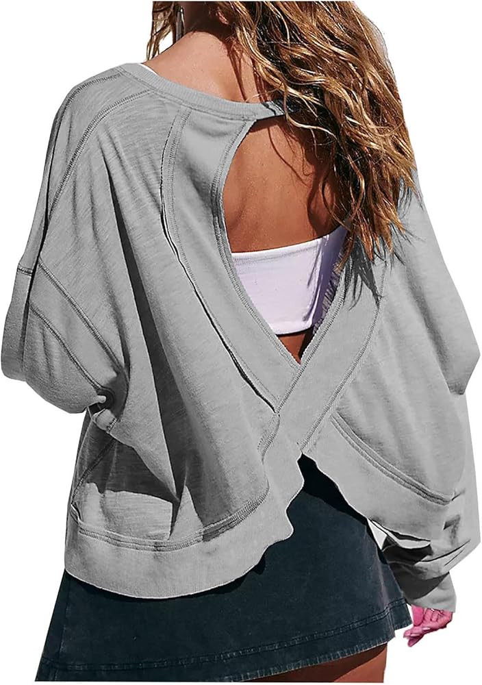 Womens Oversized Open Back Sweatshirts Tops Fall Long Sleeve Backless Tee Crop Workout Yoga Athle... | Amazon (US)