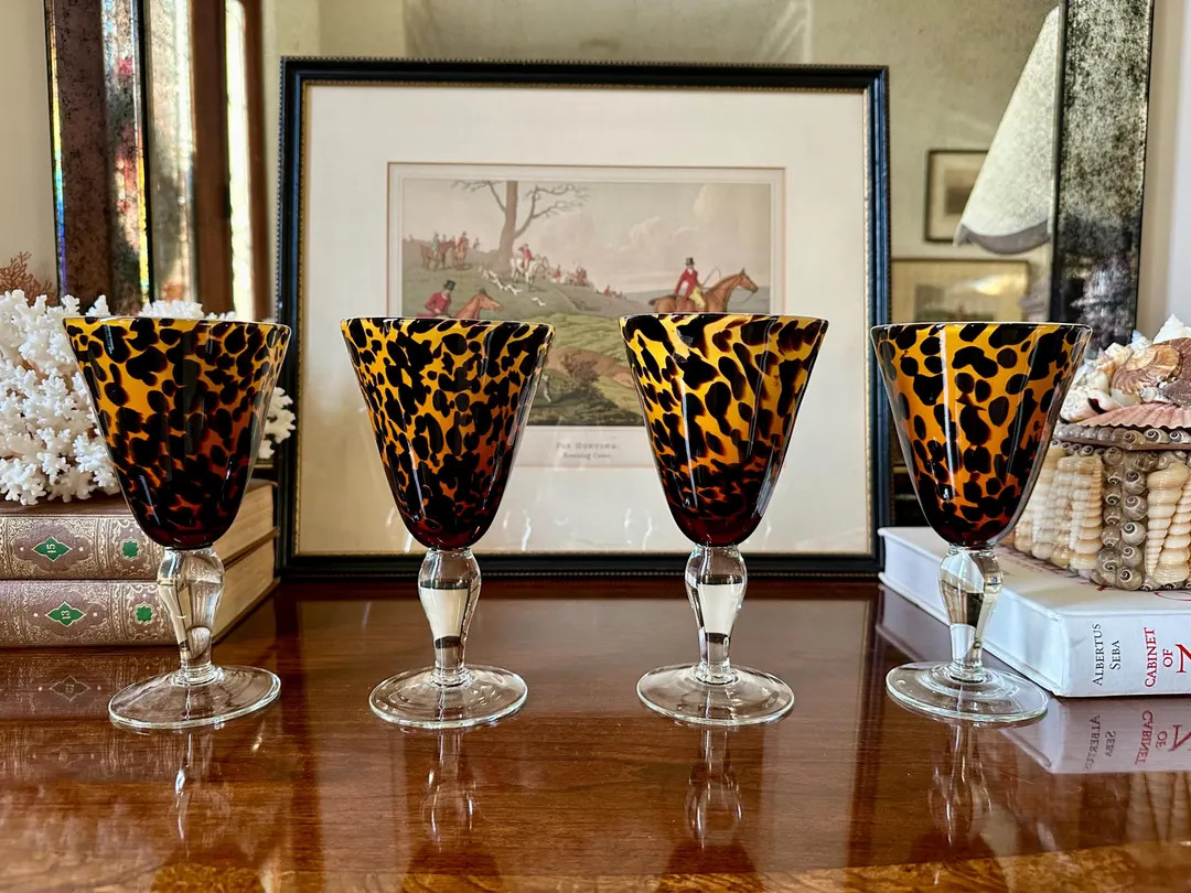 Set of 4 Vintage Tortoise Shell Glasses Vintage Water Goblets, Wine Glasses, 7-1/4 H Tortoise Gla... | Etsy (US)