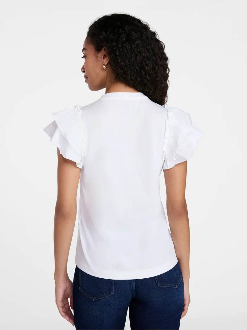 Time and Tru Women's Cotton Crewneck Tee with Ruffle Flutter Sleeves, Sizes XS-XXXL | Walmart (US)