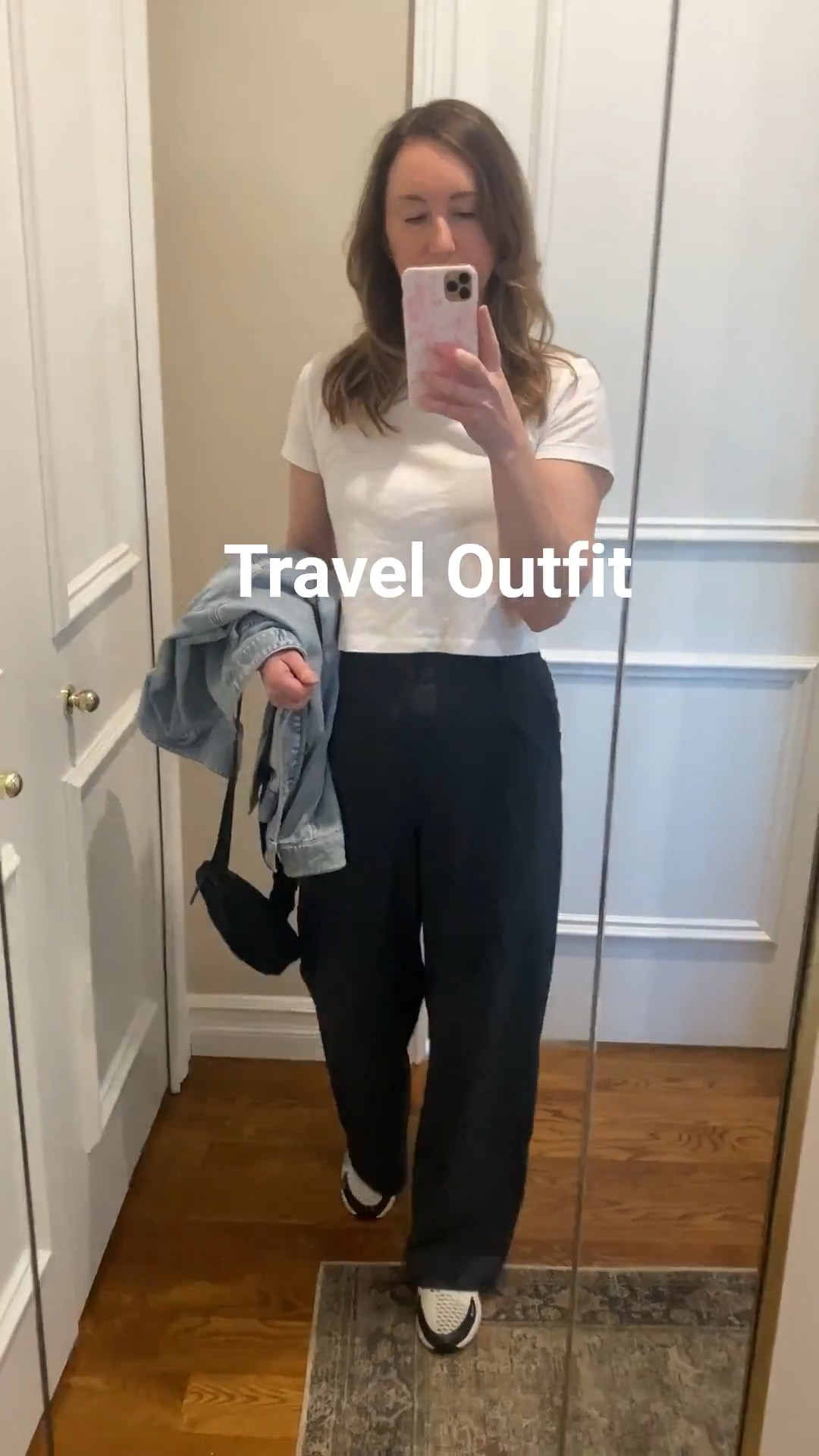 Easy travel outfit! Lightweight trouser, shrunken tee and sneakers. Added my oversized denim jacket, too. 
#denimjacket #alotrouser #airportoutfit #womenstravel #athleisure #travelpant #momoutfit

 

#LTKdayinmylife #LTKTravel #LTKOver40