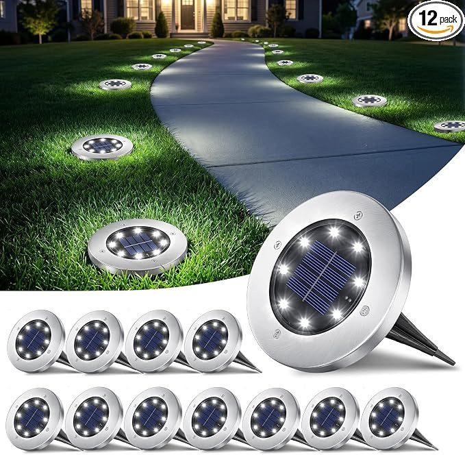 INCX 12 Pack 4.6 Inch Solar Ground Lights Outdoor, Waterproof, Cold White | 8 LEDs, 600mAh Ni-MH ... | Amazon (US)