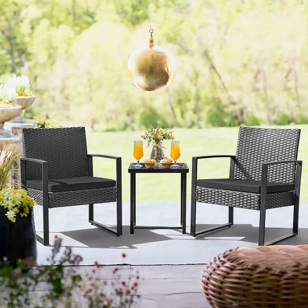 Devoko 3 Pieces Patio Conversation Set Outdoor Bistro Set PE Rattan Cushioned Chairs Set Bistro C... | Walmart (US)