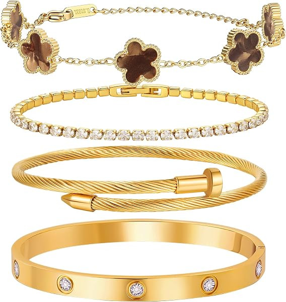 18 K Gold Plated Love Bangle Bracelet Stack for Women,Set of 4 Floral Clover Chain, Tennis Crysta... | Amazon (US)