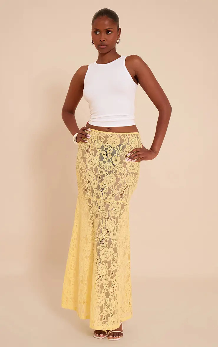 Lemon Floral Lace Sheer Maxi Skirt | PrettyLittleThing UK