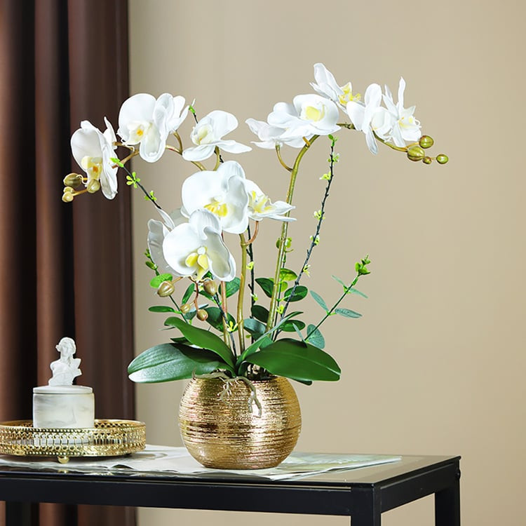 Artificial Flower Realistic White Orchids in Vase Set Gold Brushed Ceramic Flower Pots | Homary