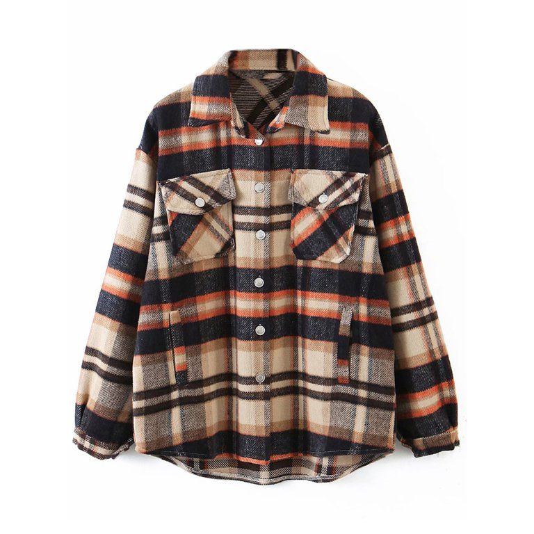 Aunavey Womens Plaid Lapel Button Dwon Shacket Warm Jacket Shirts Coats with Pockets | Walmart (US)