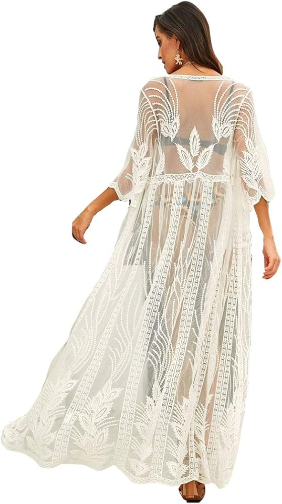 Women's Lace Swimsuit Cover Beach Kimono Cardigan Maxi Beach Dress. | Amazon (US)