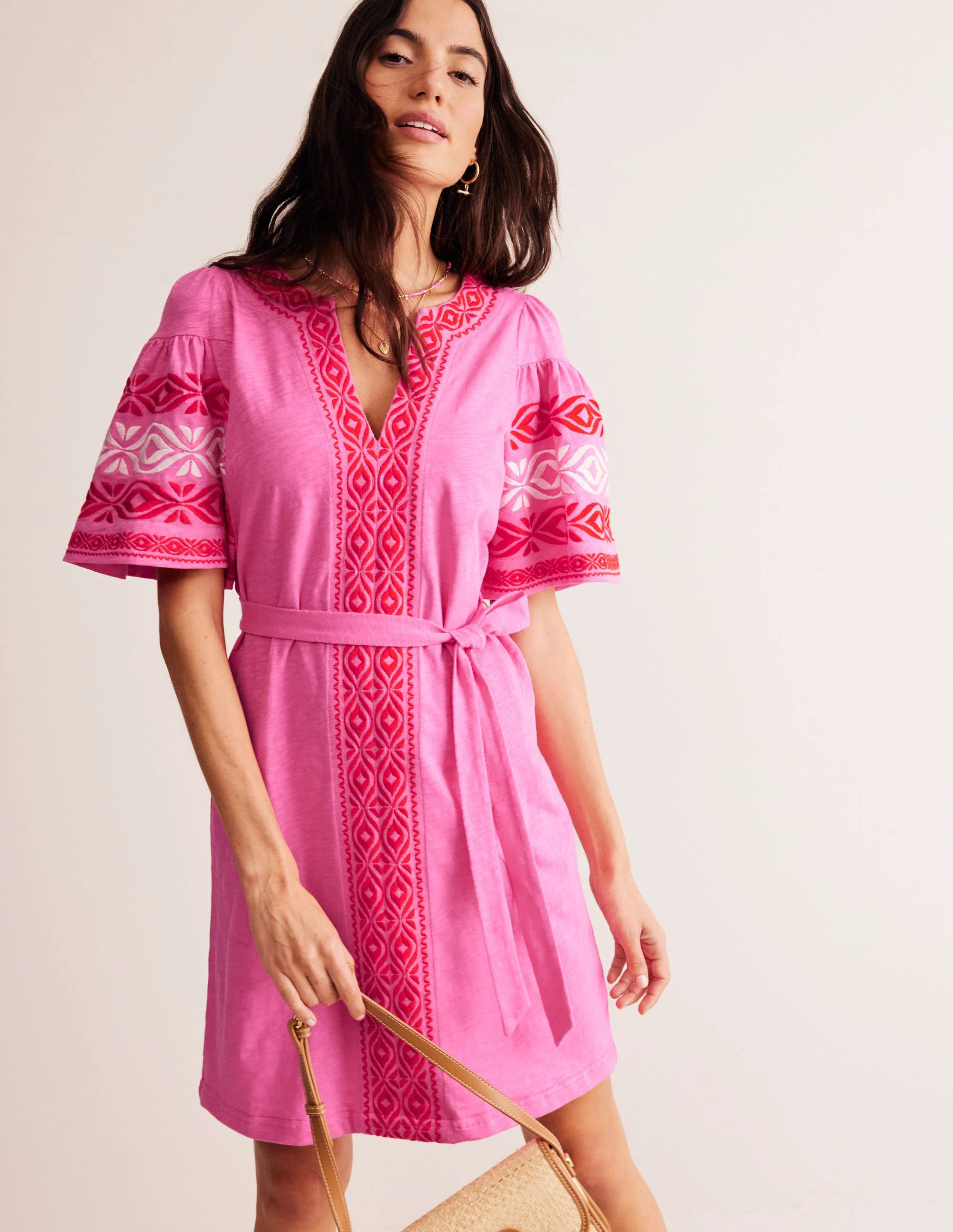 Embroidered Jersey Short Dress-Sangria Sunset | Boden (US)