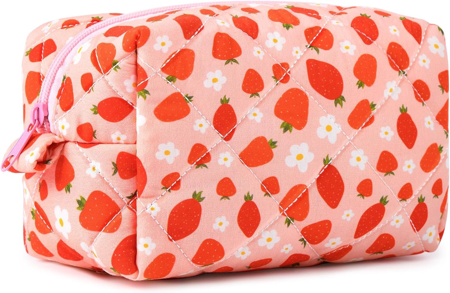 SOIDRAM Pink Makeup Bag Quilted Cosmetic Bag Puffy Coquette Makeup pouch Aesthetic Strawberry Cute Travel Toiletry Bag Organizer cotton Makeup Brushes Storage Bag for Women | Amazon (US)