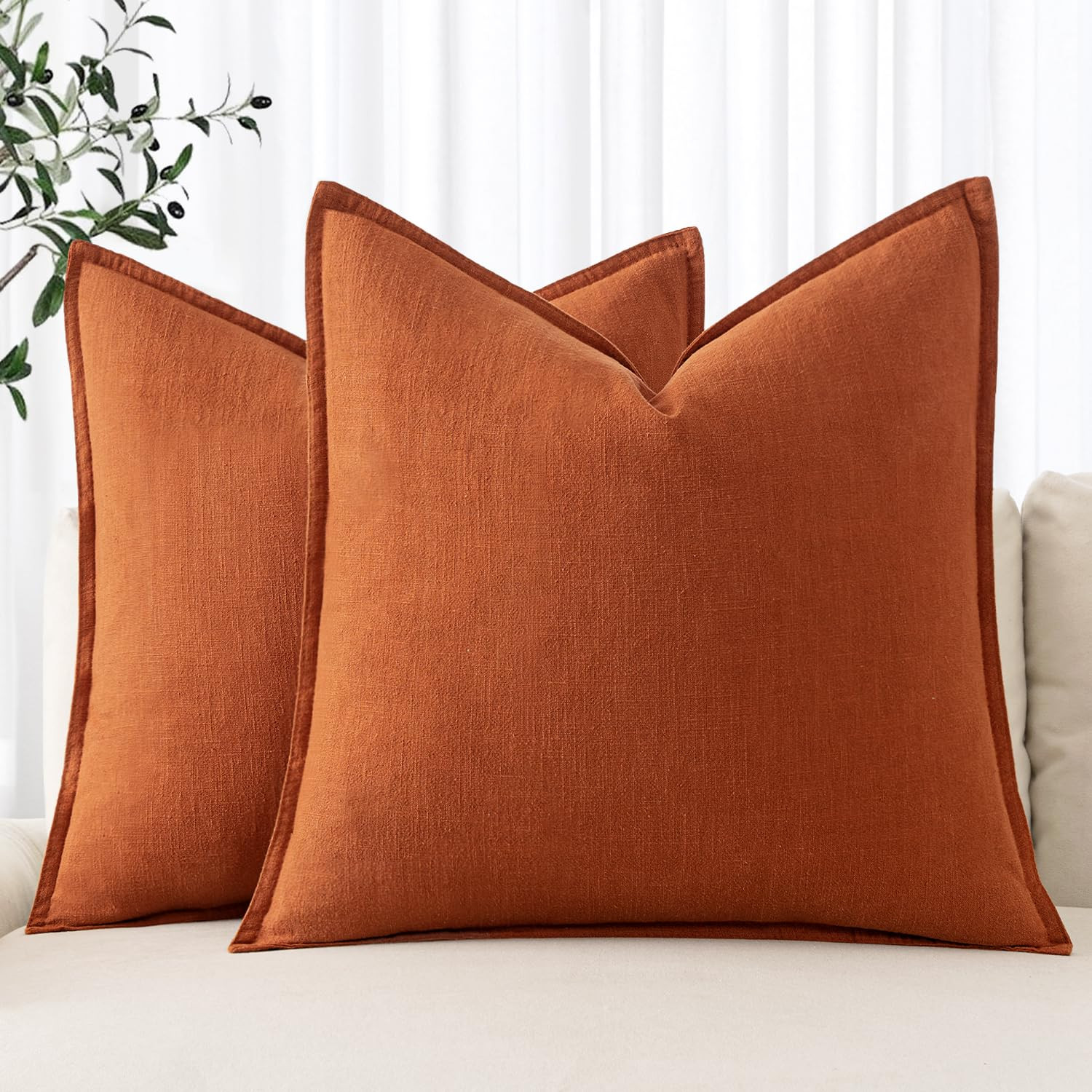 MIULEE Fall Decorative Linen Euro Sham Pillow Covers 24x24 Burnt Orange ​Boho Farmhouse​ ​Neutral Couch Throw Pillows for Bed Pack of 2 Accent Modern Pillowcase Summer Sofa Livingroom Home Decor | Amazon (US)