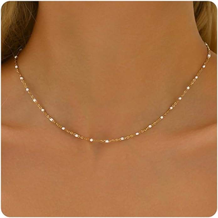 Gold Chain Necklace for Women Dainty 18K Gold Plated Thin Satellite Beaded Turquoise Necklace Sim... | Amazon (US)