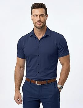 JMIERR Men's Muscle Fit High Stretch Wrinkle-Free Button Down Dress Shirts Summer Casual Short Sl... | Amazon (US)