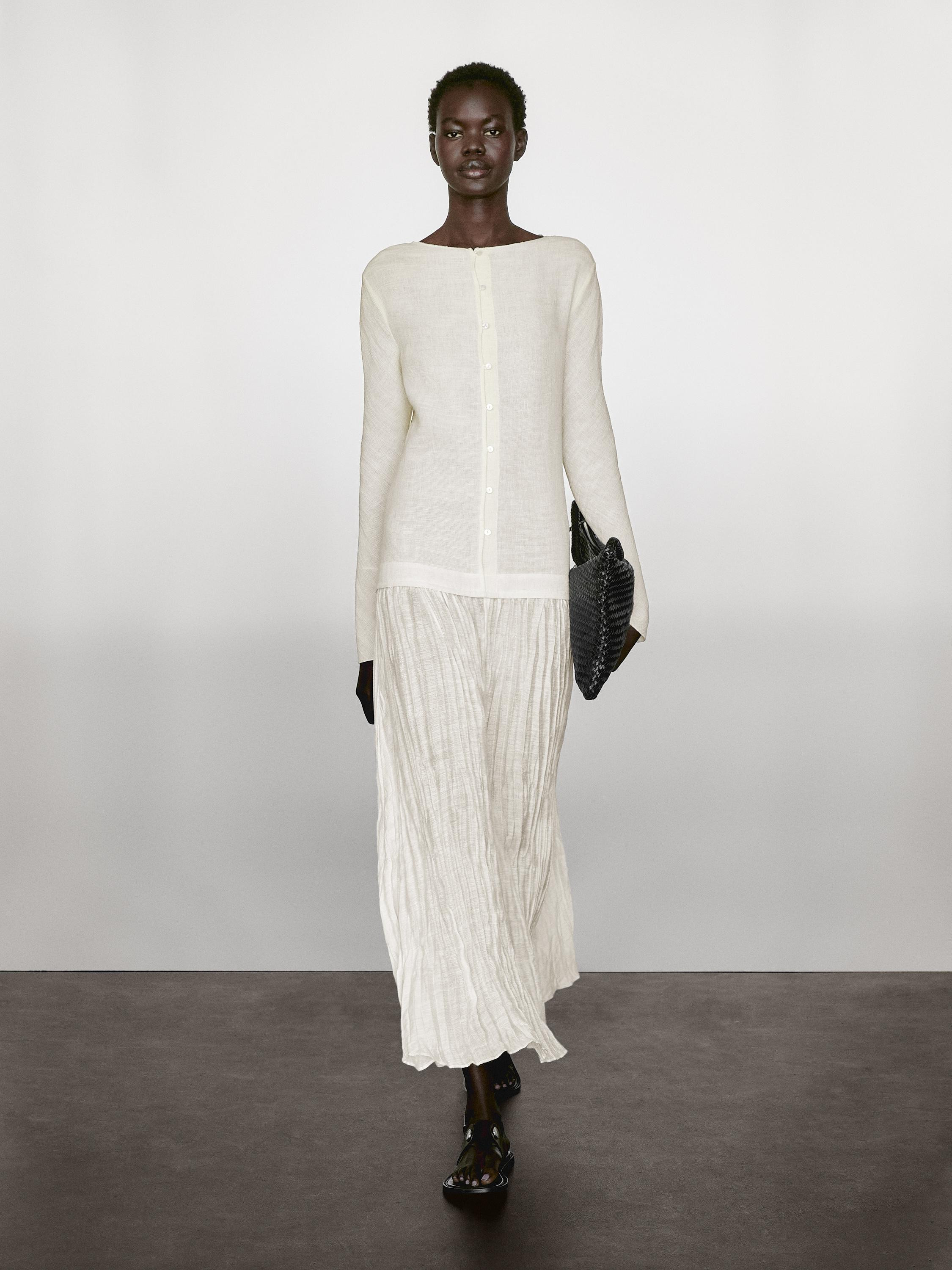 Long contrast pleated dress | Massimo Dutti UK