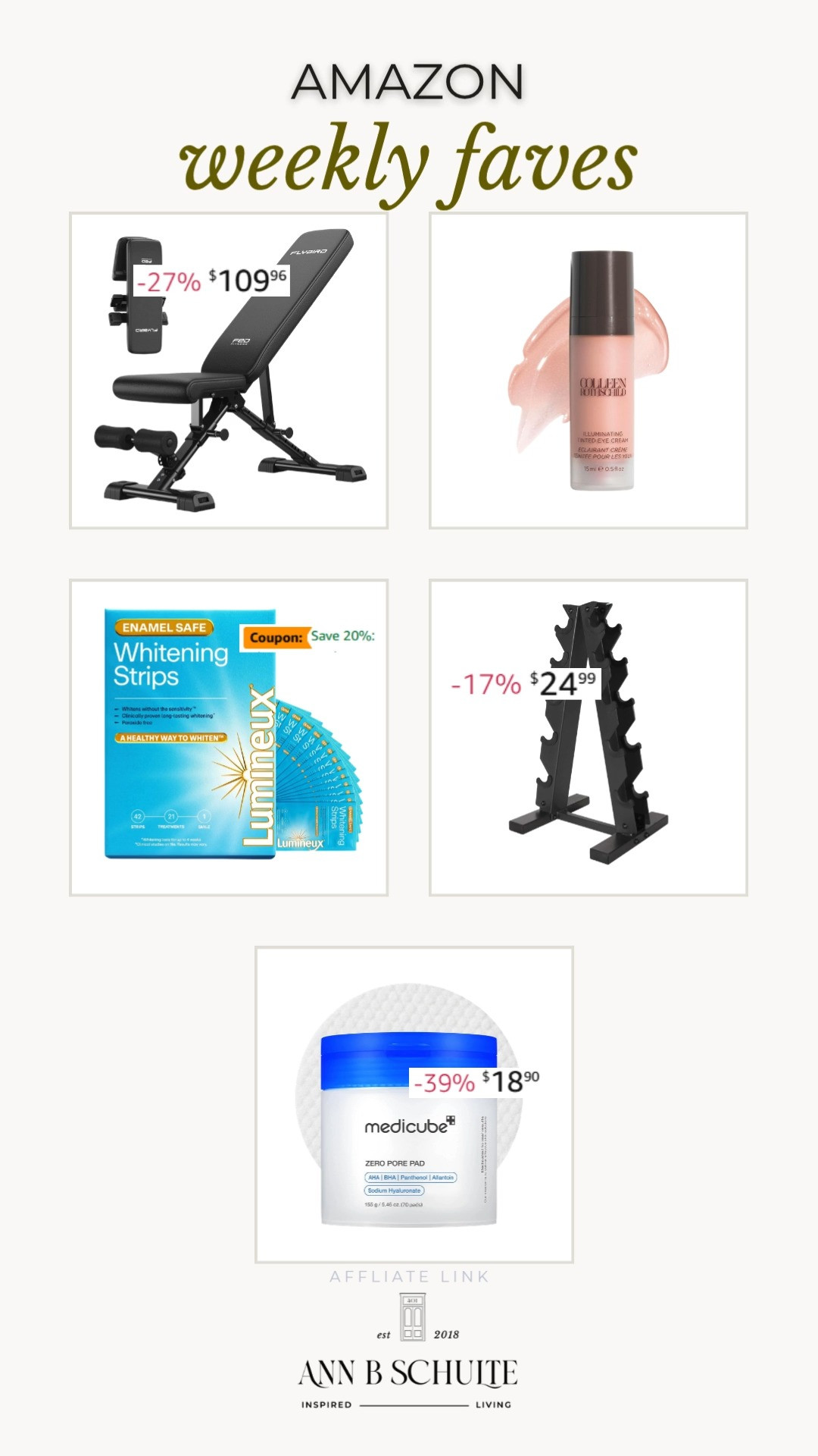 This week's faves are all about enhancing your beauty and fitness routine! From a durable weight bench to tinted eye cream that brightens under dark circles, these picks are perfect for your home gym and skincare needs. Shop now and elevate your game! 🌟💪

#HomeGym #SkincareEssentials #AmazonFinds 

 #LTKActive #LTKSaleAlert #LTKBeauty
