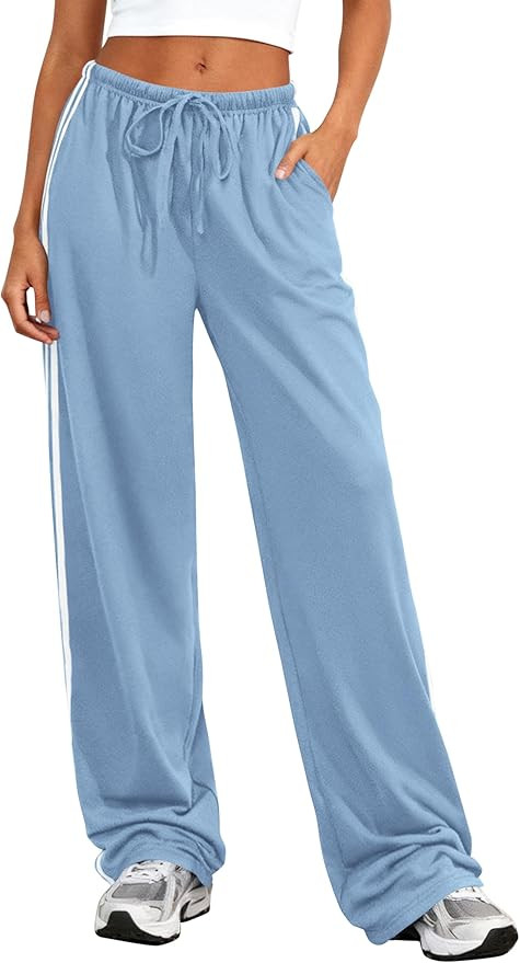 PRETTYGARDEN Womens Wide Leg Sweat Pants Striped Drawstring Waist Casual Athletic Track Flowy Pan... | Amazon (US)